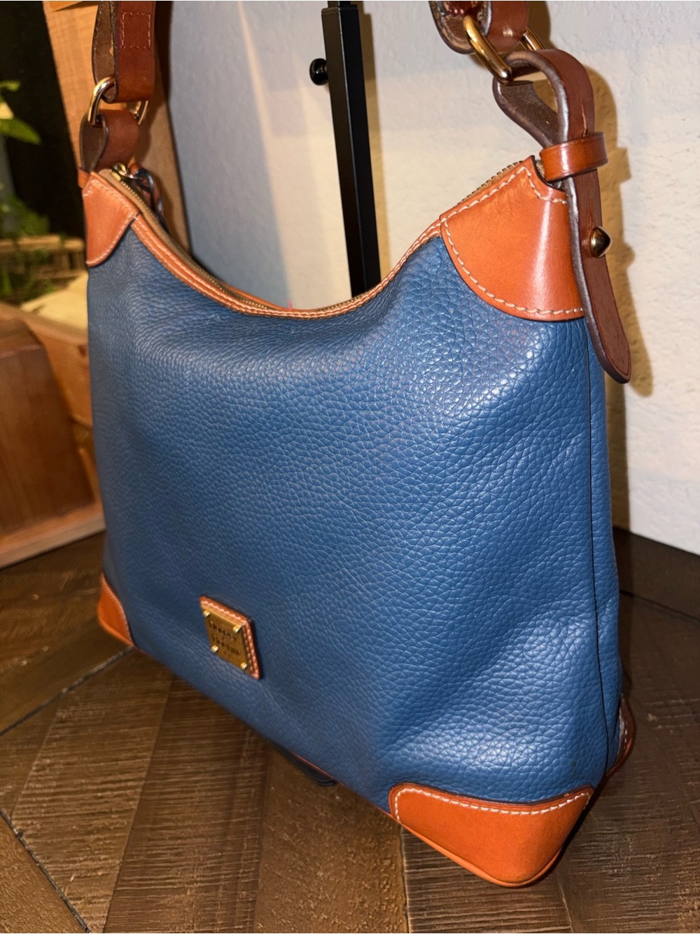 Dooney & Bourke Pebbled Leather Hobo Shoulder Bag – Blue with British Tan Trim - Picture 3 of 13
